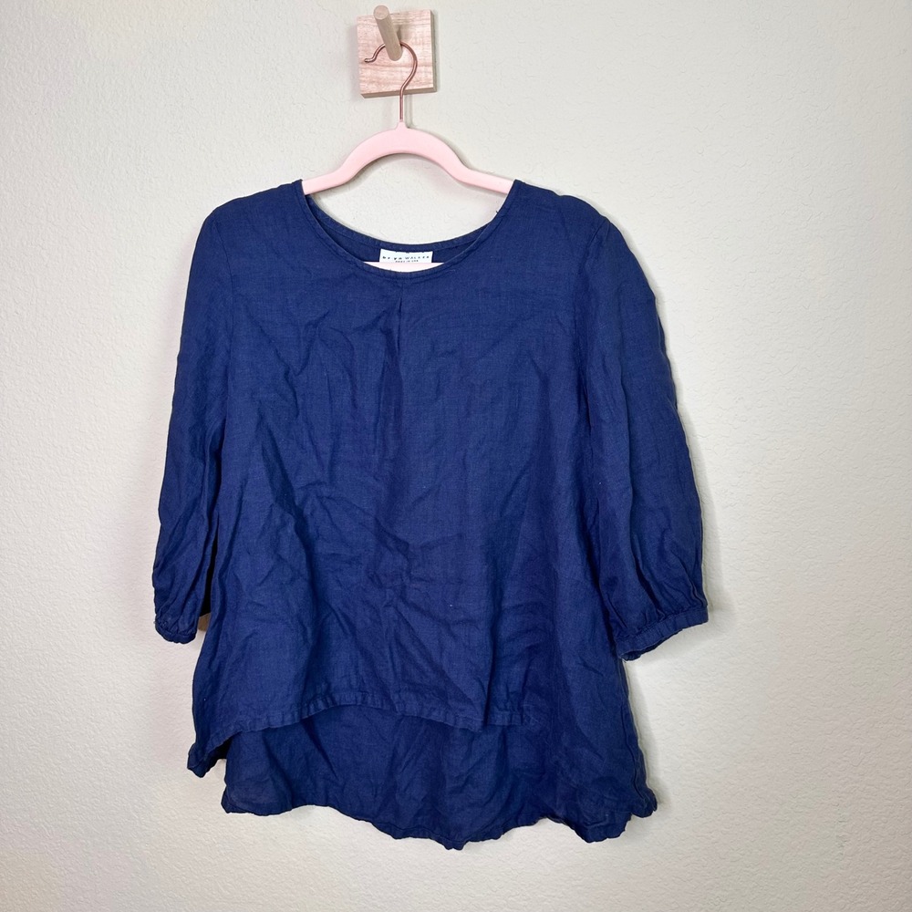 Bryn Walker Navy Blue 100% Linen High Low Lantern Sleeve Blouse Small USA Made